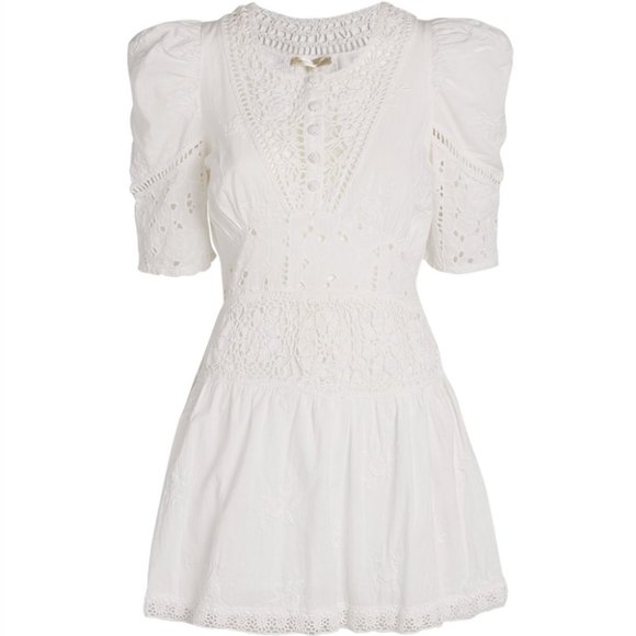 LoveShackFancy White Divine Short Puff Sleeve Embroidered Lace Floral Mini Dress - Picture 1 of 11